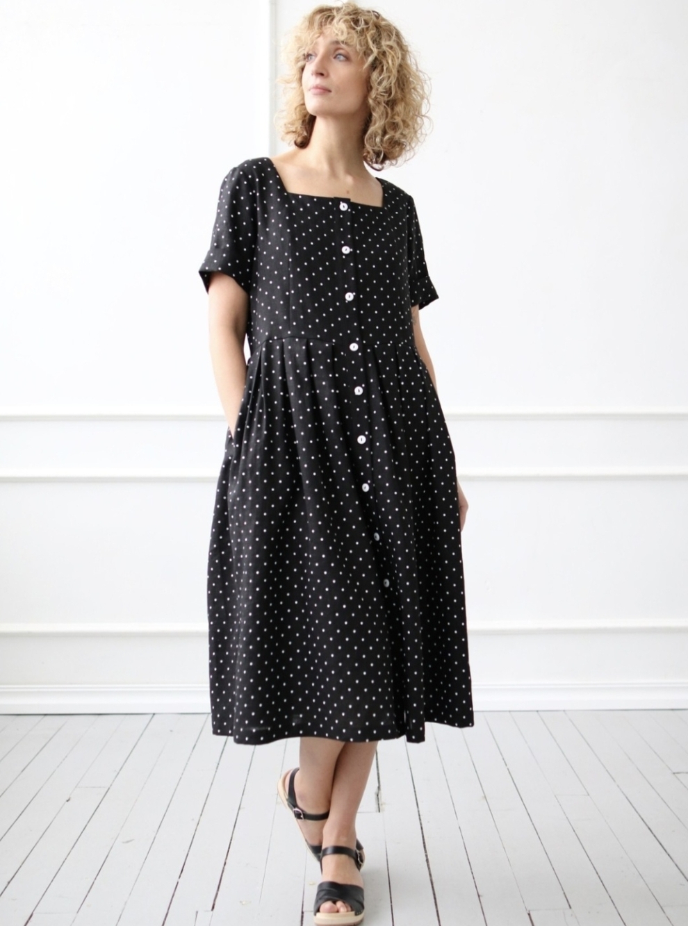 NWOT OffOn Linen Dress In Black Polka Dot Sz L